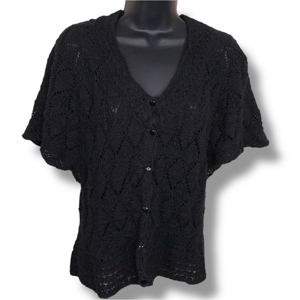 Large Croft And Barrow Black Crochet Style Knit Short Sleeve Sweater Vneck